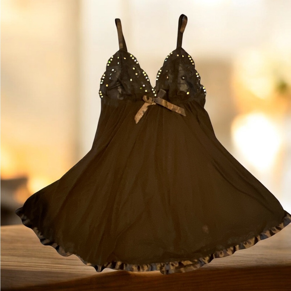 Black Sequin Lace Babydoll Chemise Nightgown Plus Size 2X‎
